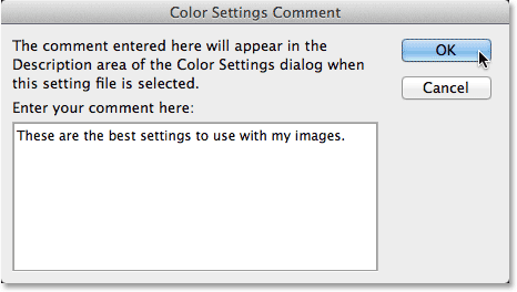 The Color Settings Comment dialog box. Image © 2013 Photoshop Essentials