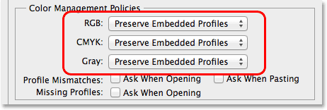 The Color Management Profiles options in the Color Settings dialog box. Image © 2013 Photoshop Essentials