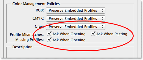The Profile Mismatch and Missing Profiles warning options. Image © 2013 Photoshop Essentials