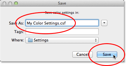 Clicking the Save button in the Color Settings dialog box. Image © 2013 Photoshop Essentials